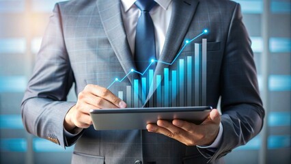 Businessman using tablet analyzing sales data and economic growth graph chart.
