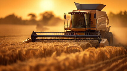 Combine harvester in evening action, Modern Agricultural Harvester in Field