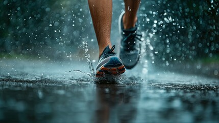 Closeup of running shoes in motion, muscular legs. Focus on splash,  speed and determination. Movement and energy.