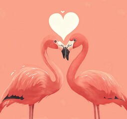 Two cute flamingo birds in love, pink and white heart background, kids print or book cover, clip art style, simple design, flat colors and a pastel color palette, simple lines