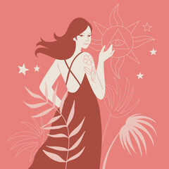 Boho sacred magic woman mystical symbol, Portrait female in red dress with eyes of sun, The nature of tropical leaves, Abstract portrait of young girl in pastel colors. Vector design illustration.
