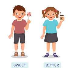 Opposite antonym words sweet and bitter illustration of little boy holding lollipop candy and girl with coffee cup