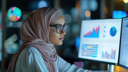 A Muslim woman wearing a headscarf who works as a data analyst is observing a diagram report on a computer screen.