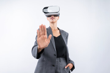 Smart business woman touching something while look though VR glass. Skilled project manager wearing...