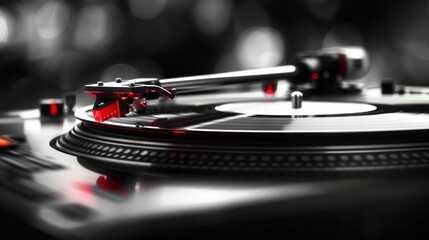 Turntable plays vinyl, high contrast and motion blur. Music banner