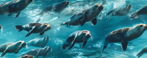 Dive into Antarctic waters as seals glide through whirls of pastel blue, their sleek bodies rendered in a unique, tilted perspective echoing the fluidity of the sea