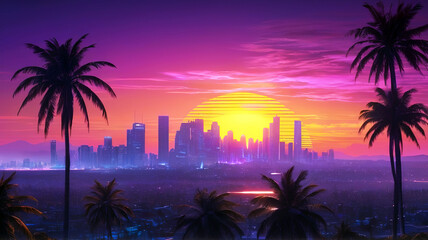 Obraz premium Beautiful sunset over the city with palm trees and skyscrapers