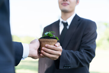 Business people holding plant as concept of eco company committed to corporate social responsible,...