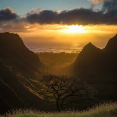 Lookout from Hawaiian mountains to oversee the ocean at sunset. 