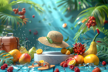 Empty stylish podium 3D mockup background for beauty product presentation. Summer transparent copy space platform surrounded by palm leaves . Cosmetics, perfume or home goods advertising stand.