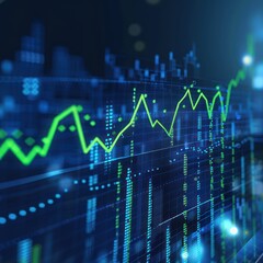 Naklejka premium Financial chart close up with upward trend line candlestick chart in stock market on blue color monitor background, stock currency and exchange chart display for financial and economic view