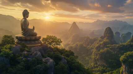 A majestic statue of the Buddha at sunset, surrounded by lush green mountains and a golden sky in Hong Kong