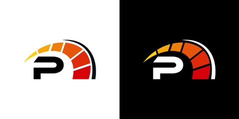 Letter P racing logo, with logo speedometer for racing, workshop, automotive