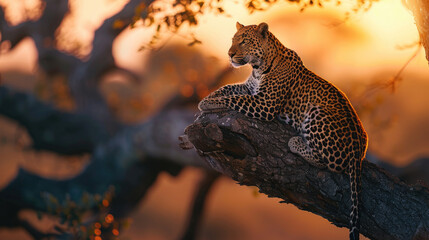 Obraz premium A leopard perches on an old tree trunk, looking at the camera in golden sunlight