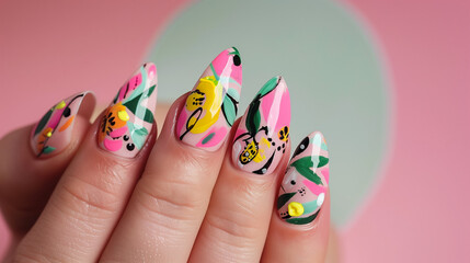 Stiletto nails with pastel floral art showcased against a soft pink backdrop