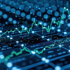 Obraz premium Financial chart close up with upward trend line candlestick chart in stock market on blue color monitor background, stock currency and exchange chart display for financial and economic view