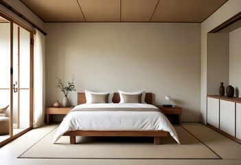 Modern contemporary Bedroom, hotel. Minimalist, Wabisabi. 