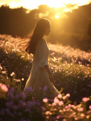 お花畑に佇む女性