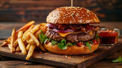 Delicious hamburger and french fries