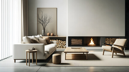 Sophisticated Minimalist Living Room with Sleek Fireplace and Wood Storage

