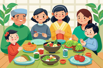 A family enjoying healthy food, a family eating healthy home-cooked food illustration