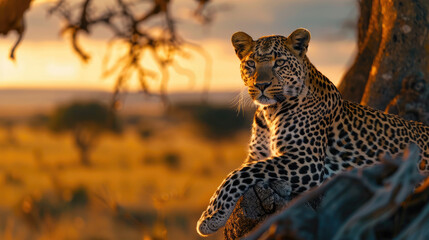 A leopard perches on an old tree trunk, looking at the camera in golden sunlight