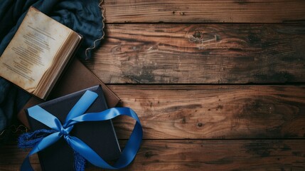 Diploma with blue ribbon, graduation hat and book on wooden table - Powered by Adobe