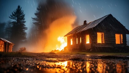 rain, smoke and dirt, house ruins, fire