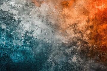 A colorful abstract painting with blue, orange and gray tones. The painting has a lot of texture and he is a bit chaotic