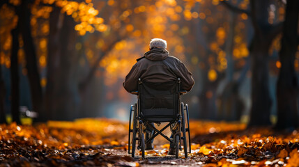 Man in wheelchair sitting alone in a in a park. 
highlighting the concept of loneliness and life during retirement.