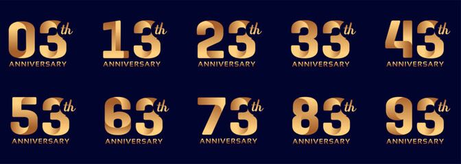 collection of anniversary logos from 3 years to 93 years with gold numbers on a black background for celebration moments, anniversaries, birthdays