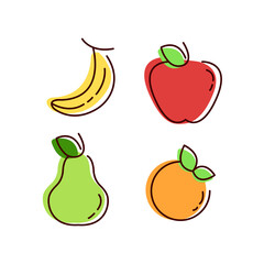 Set of colorful fruit icons banana apple orange pear