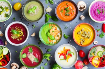 Colorful cream of vegetable and fruit or colorful soup.