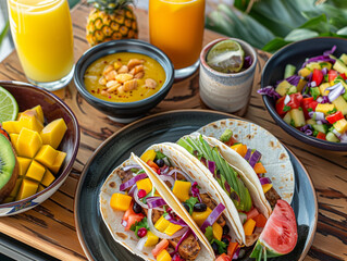 A table adorned with a variety of dishes including tacos, plates of food, and beverages for a balanced breakfast or lunch spread