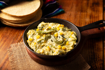 Rajas con Crema. Very popular dish in Mexico that consists of strips of poblano chili with cream, it is served as a garnish or in tacos, it is a typical recipe in Mexican Tacos de Guisado.