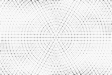 Abstract radial halftone gradient background. Dotted concentric texture with fading effect. Black and white circle shade wallpaper. Grunge rough vector. Monochrome dotted backdrop design element.