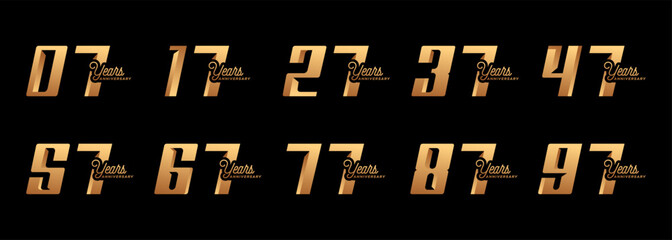 collection of anniversary logos from 7 years to 97 years with gold numbers on a black background for celebration moments, anniversaries, birthdays