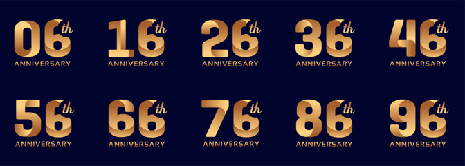collection of anniversary logos from 6 years to 96 years with gold numbers on a black background for celebratory moments, anniversaries, birthdays