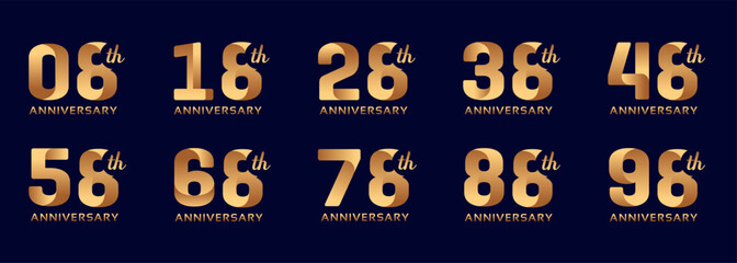 collection of anniversary logos from 8 years to 98 years with gold numbers on a black background for celebration moments, anniversaries, birthdays