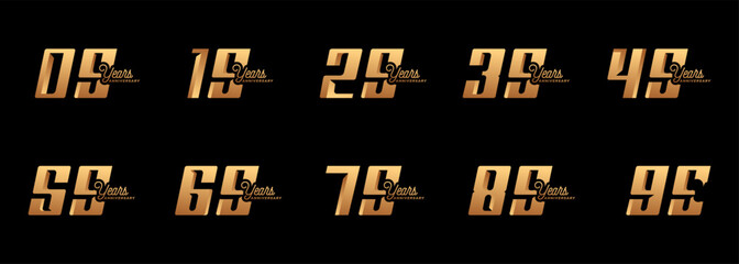 collection of anniversary logos from 9 years to 99 years with gold numbers on a black background for celebration moments, anniversaries, birthdays