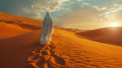 Naklejka premium A woman in a white dress walks across a desert