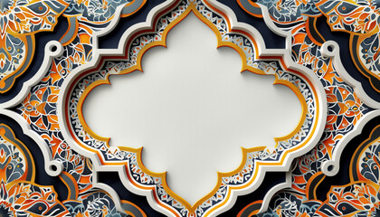 Frame of dots in Islamic art style with vibrant orange, yellow, black and blue colors and copy space. White background. Intricate details.