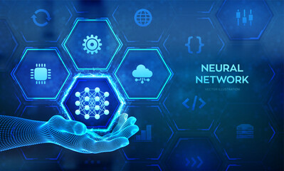 Neural network icon in wireframe hand. AI. Artificial Intelligence. Machine Learning. Deep learning. Big data analysis technology concept. Vector illustration.