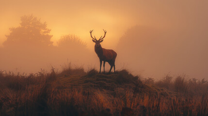 A majestic red deer with impressive antlers stands tall, surrounded by a misty landscape at sunrise