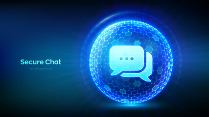 Secure chat. Private data protection. Chatting, message box. Protected social network communication concept. Abstract 3D sphere with surface of hexagons with speech bubble icons. Vector illustration.