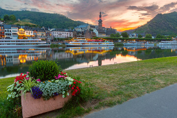 Sunset view of Saint Martin Church by the Moselle River in Cochem, Germany