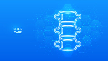 Spine icon. Spine health. Back pain spine treatment, Physiotherapy, Diagnostics concept. Molecular structure. Blue medical background with hexagons. Vector illustration