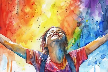 joyful disabled girl celebrating pride inclusive diversity watercolor portrait