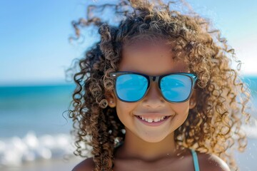 joyful young girl with sunglasses and curly hair enjoying beach vacation lifestyle photography
