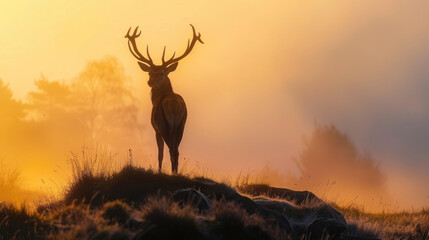 A majestic red deer with impressive antlers stands tall, surrounded by a misty landscape at sunrise
